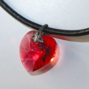 Super Cute Red Heart Crystal On Black Cord Necklace